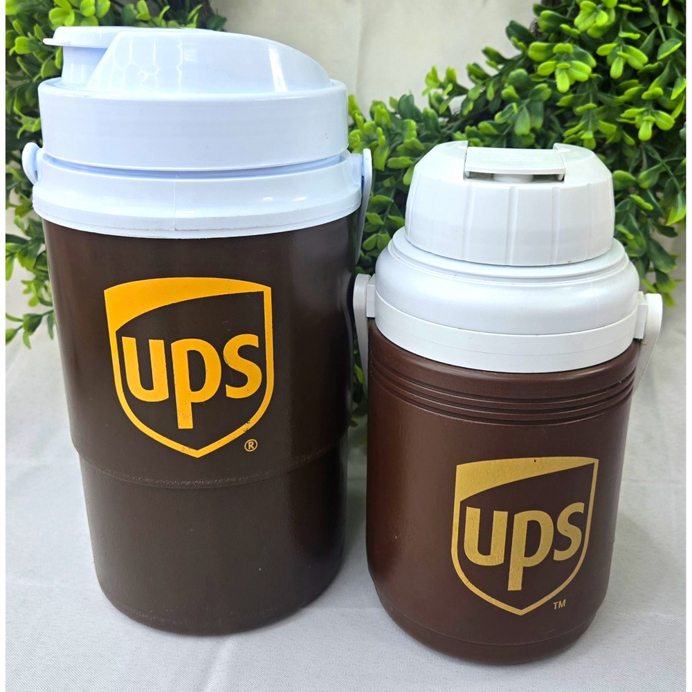 Lot of 2 Vintage UPS Water Jug Cooler Thermos Brown United Parcel Service Igloo